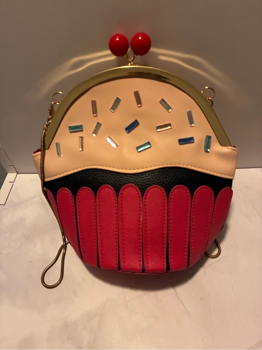 Whimsical Cupcake Mini Crossbody Bag in Red, Black & Cream